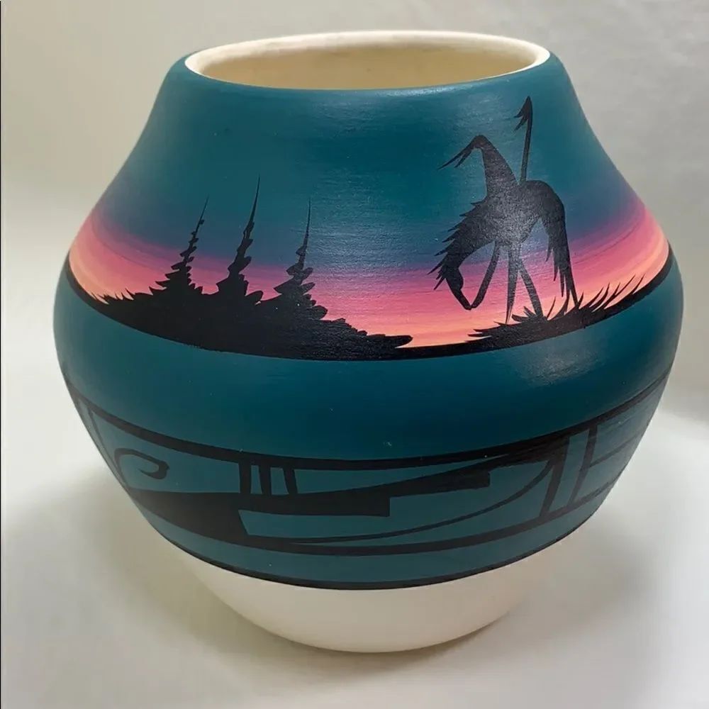 Handmade Pottery Vase Signed Blkhorse Navajo Hand Painted Blue Pink 5 Inch Tall